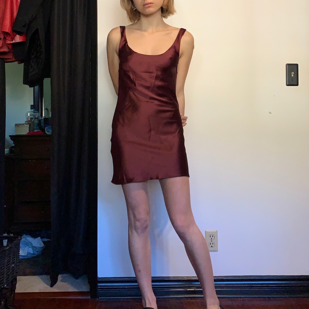 Burgundy silk slip mini dress. Size US 0. Worn once. ASOS design.